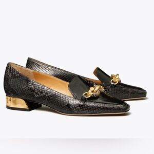 Tory Burch Black Jessa Loafer Flat Snake Embossed Size 10.5